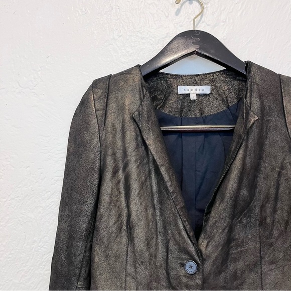 Sandro Paris Small 1 Blazer Jacket 100% Genuine Leather Black Gold S - Picture 12 of 14